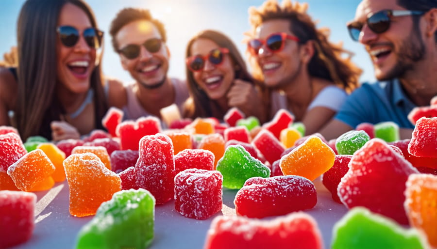 Friends enjoying THCA gummies in a vibrant party atmosphere.