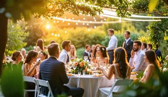 A serene garden wedding with guests enjoying the atmosphere and some discreetly using vape pens, reflecting a relaxed and joyful celebration.