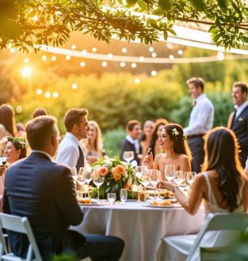 A serene garden wedding with guests enjoying the atmosphere and some discreetly using vape pens, reflecting a relaxed and joyful celebration.