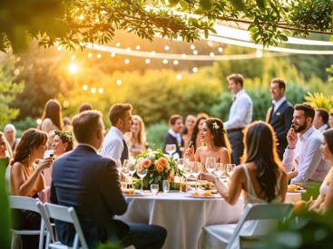 A serene garden wedding with guests enjoying the atmosphere and some discreetly using vape pens, reflecting a relaxed and joyful celebration.