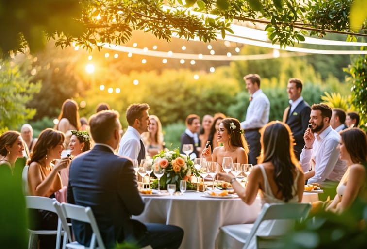 A serene garden wedding with guests enjoying the atmosphere and some discreetly using vape pens, reflecting a relaxed and joyful celebration.