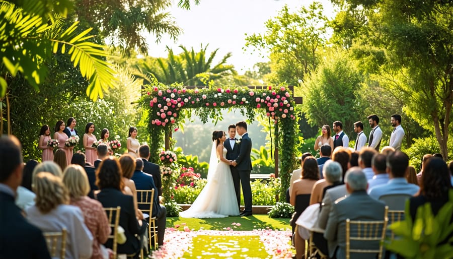 Outdoor wedding setup with relaxed guests, some using vaping devices.