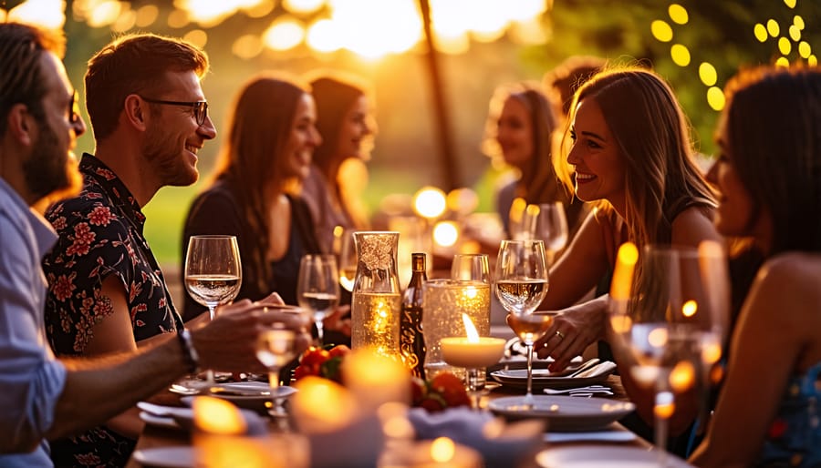 Guests in warm lighting engaging in storytelling at a party setting.