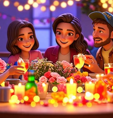 A cozy and vibrant party where friends are joyously sharing THCA gummies, immersed in storytelling and laughter amidst twinkling lights and fresh flowers.