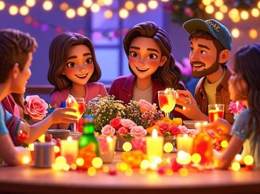 A cozy and vibrant party where friends are joyously sharing THCA gummies, immersed in storytelling and laughter amidst twinkling lights and fresh flowers.