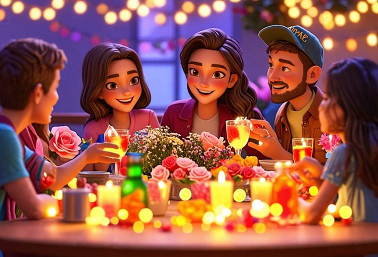 A cozy and vibrant party where friends are joyously sharing THCA gummies, immersed in storytelling and laughter amidst twinkling lights and fresh flowers.