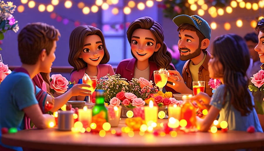 A cozy and vibrant party where friends are joyously sharing THCA gummies, immersed in storytelling and laughter amidst twinkling lights and fresh flowers.