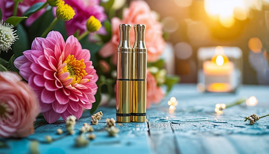 THC vaping cartridges on a decorative wedding table.