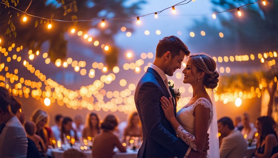 A modern wedding celebration featuring THCA gummies, with a couple and guests sharing joyful moments.