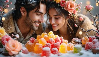 Romantic scene with a couple sharing a joyful glance over an artistic arrangement of colorful freeze dried candies, enhanced by a natural backdrop and soft lighting.