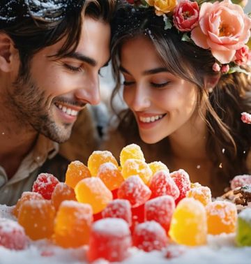 Romantic scene with a couple sharing a joyful glance over an artistic arrangement of colorful freeze dried candies, enhanced by a natural backdrop and soft lighting.