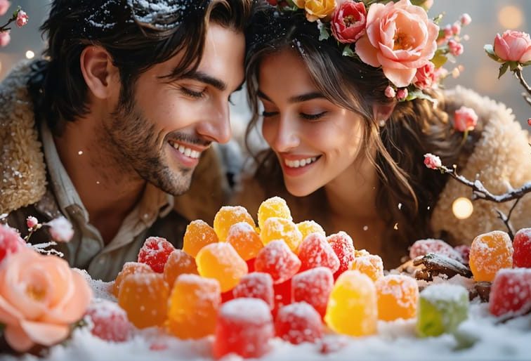 Romantic scene with a couple sharing a joyful glance over an artistic arrangement of colorful freeze dried candies, enhanced by a natural backdrop and soft lighting.