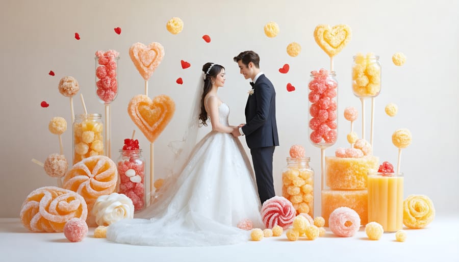 Bride and groom with ambient freeze dried candy decorations in a wedding shoot